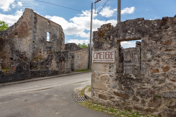 Oradour-sur-Glane, France - April 29, 2019: The ruins of the village after the massacre by the german nazi's in 1944 that destroyed it.