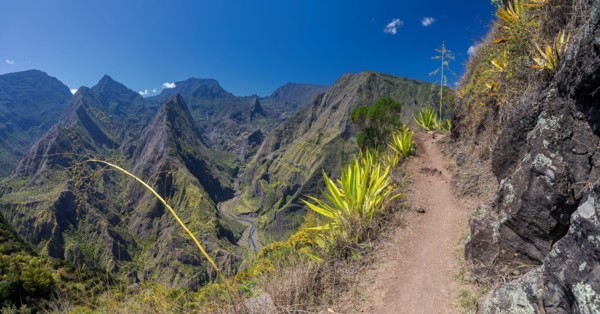 Hiking trail along the crater Cirque de Mafate near Cape Noir (La Reunion)