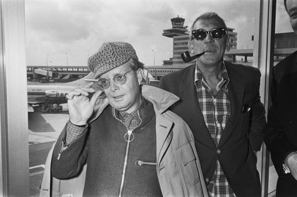 Arrival of writer Truman Capote (left) and director Richard Brooks at Schiphol Airport for the premiere of the film In Cold Blood (In Cold Blood), March 14, 1968, authors, films, directors, writers, a...