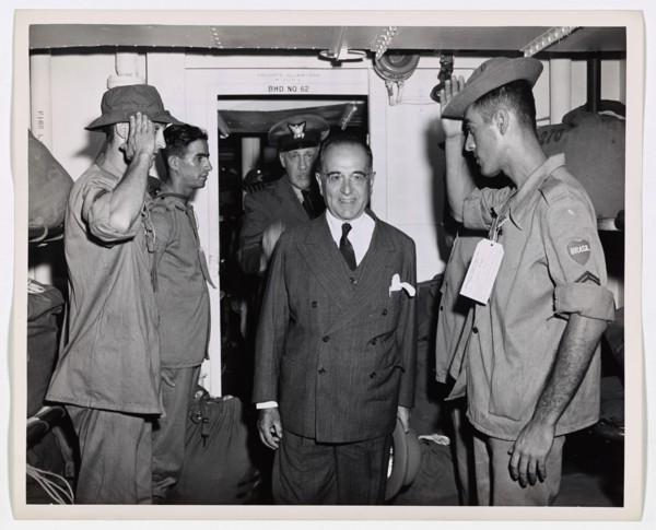 Brazilian President Inspects Coast Guard-Manned Transport. President Getulio Vargas enters the troop quarters on an inspection tour through a Coast Guard-manned troop transport which carried Brazilian...