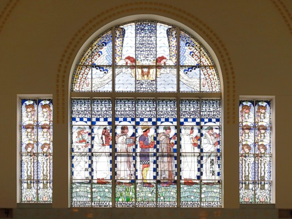 Stained glass window depicting Christian ideas and teachings in the Church of St. Leopold am Steinhof, Vienna