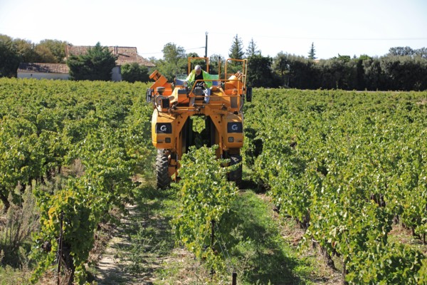 Gregoire Grape harvesting machinery near the Rhône wine village of Séguret in Vaucluse Provence, France