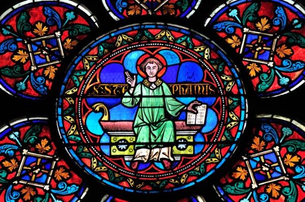 Paris, France. Notre Dame cathedral. Stained glass window. St Stephen / Stephanus