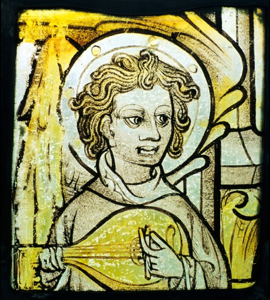 Warham St. Mary, Norfolk, 15th century Medieval angel musician stained glass window, musicians, angels, music, citern, lute