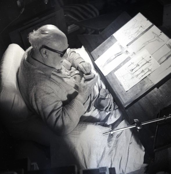 1951, historical, french artist Henri Matisse working on his designs for the Chappelle du Rosaire de Vence.church catholic