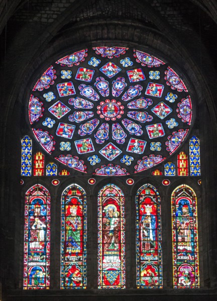 Stained glass within the rose window  in the north transept of Chartres cathedral,  Eure-et-Loir, France, Europe