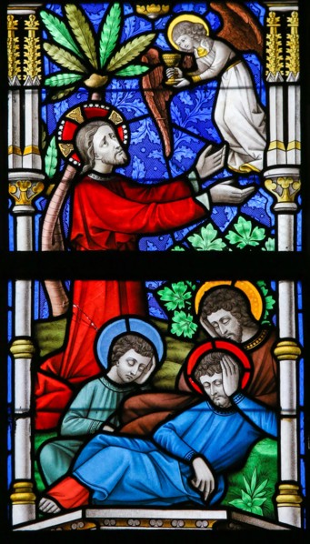 LIER, BELGIUM - MAY 16, 2015: Stained Glass window in St Gummarus Church in Lier, Belgium, depicting Jesus in the Garden of Geth