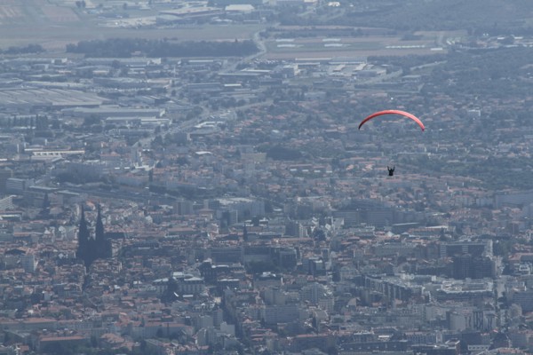 Paragliding from the Puy de Dôme, above Clermont-Ferrand, Auvergne, France