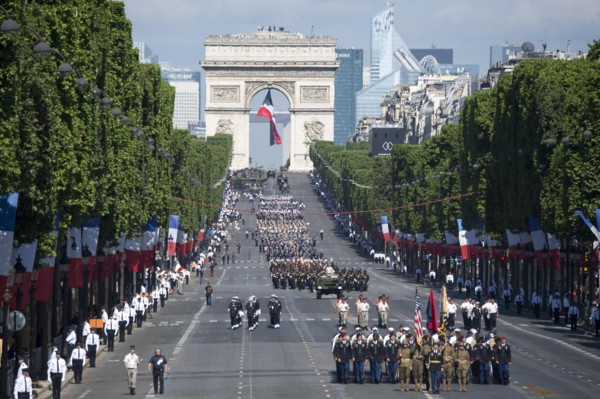 U.S. soldiers, sailors, marines and airmen assigned to units in Europe march down the Champs Élysées during the annual Bastille Day military parade July 14, 2017 in Paris, France. U.S. President Donal...