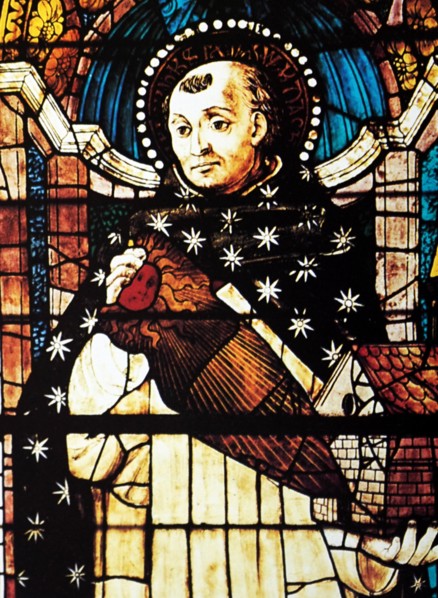 Saint Thomas Aquinas shown in a stained glass window (Cappella Strozzi di Mantova. La cappella Strozzi di Mantova. Mid 14th century; Italian church. Saint Thomas Aquinas (1225 – 1274), was an Italian,...