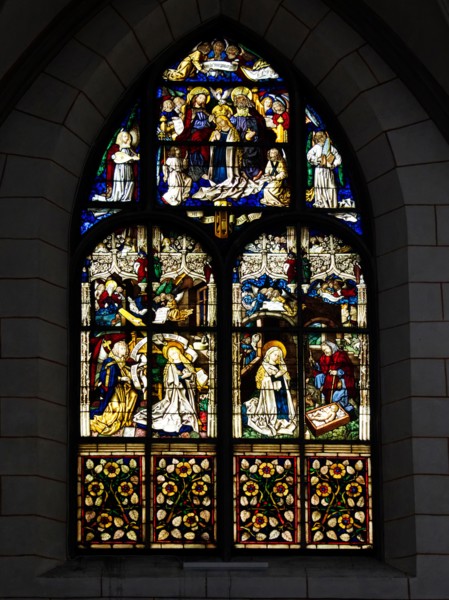 Medieval  stained glass window in Augsburg cCathedral, a romanesque basilica style Roman Catholic cathedral in Augsburg, Germany