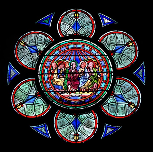 Paris, France. Notre Dame cathedral / Notre-Dame de Paris on Isle de la Cite. Stained glass window