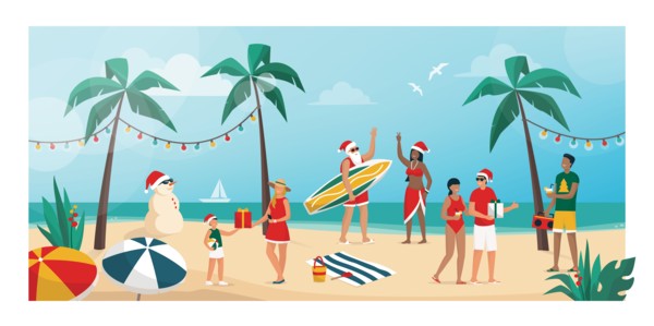 People celebrating Christmas on summer in the southern emisphere, they are partying on the beach and exchanging gifts