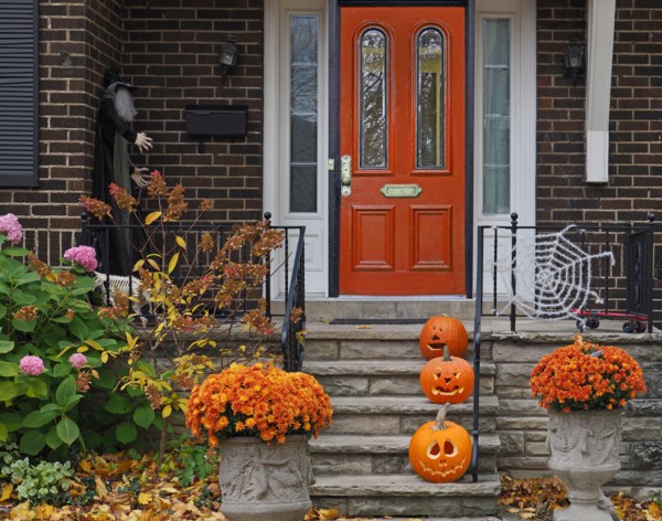 front porch with Halloween decorations