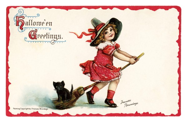 Vintage Halloween greeting card / postcard. Early 1900s. A cute girl on a broom with a black cat kitten.
