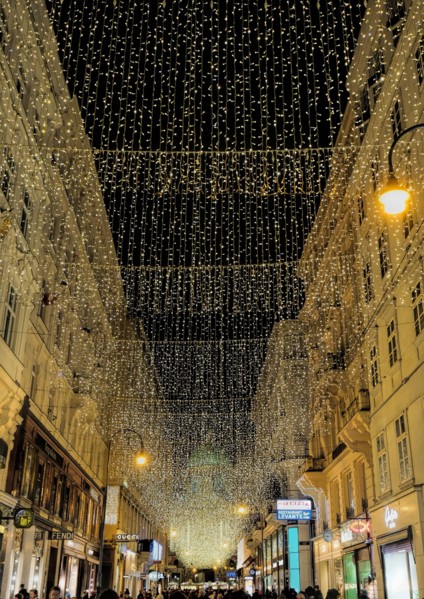 Vienna, Austria, Dec. 2019: Kohlmarkt in Vienna before Christmas, illuminated by Christmas Lights