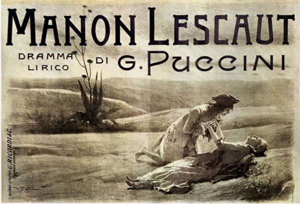 1895 , ITALY : The advertising poster for the Opera play MONON LESCAUT I by italian music composer GIACOMO PUCCINI   ( Edizioni Ricordi ), from a romance by Antoine François Prévost d' Exiles . Artwor...