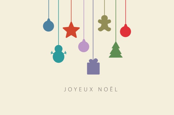 Greeting card with Merry Christmas lettering  in French (Joyeux Noël) and christmas decorations