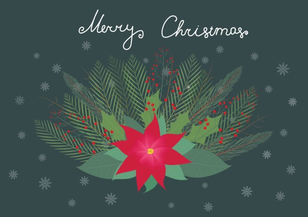 Christmas illustration with red flower and red berries, flat vector illustration