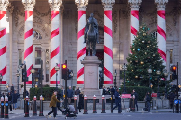The columns of Royal Exchange are dressed for Christmas, at Bank in the City of London, the capital's financial district, on 20th November 2024, in London, England.