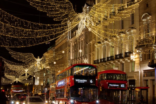 LONDON, UK - DECEMBER 4th, 2017: Christmas lights on Regents Street St James. Beautiful Christmas decorations attract  shoppers and tourists during th