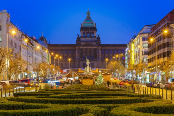 Bokeh photo of Wenceslas Square at night, Prague, Czech Republic