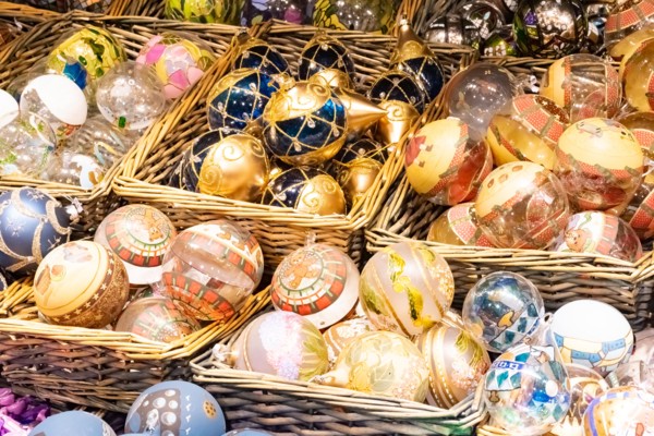 Beautiful colorful christmas decorations and balls in Wien Rathaus Market, Austria