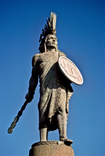 Statue of Cuauhtémoc on the Paseo de los Heroes in Tijuana, Mexico. Cuauhtémoc was the Aztec ruler of Tenochtitlan from 1520 to 1521, making him the last Aztec Emperor. The name Cuauhtemoc means "one ...