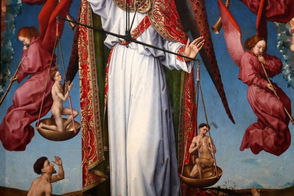 Hospices de Beaune museum.  Rogier Van Der Weyden (1399-1468) polyptych altarpiece. Detail.  The last Judgment.  Archangel Saint Michael weighing soul
