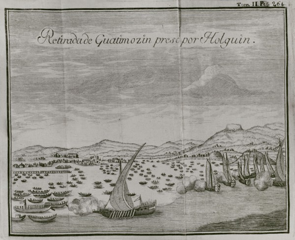 Engraving depicting the capture by the Spaniards of Guatimocín (1496-1525), the last emperor of the Aztecs, as he attempted to flee Tenochtitlán in a canoe on 13 August 1521. He was overtaken by a Spa...