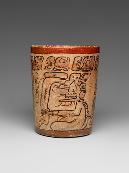 Cylindrical Vessel 7th–8th century Maya This cylindrical vessel framed by red bands contains a hieroglyphic text around its rim and shows two seated gods. It is painted in the ‘codex-style’, and the a...