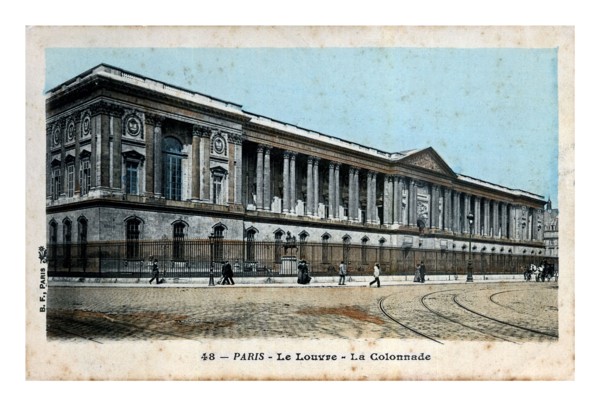 Louvre museum building, Colonnade in Paris, France. circa 1907. vintage canceled post card printed in France isolated