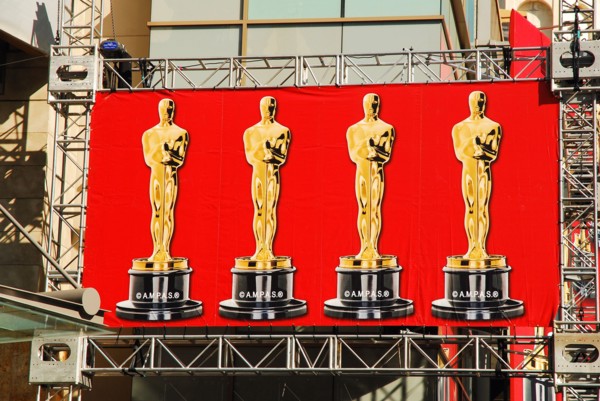 A banner depicting the Oscars hangs over Hollywood Boulevard prior to the start of the Academy Awards ceremony at the Dolby Theater in Hollywood