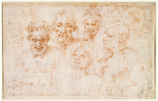 Michelangelo Buonarroti and workshop, Grotesque heads and further studies, drawing in red chalk on ribbed paper, circa 1525