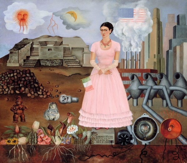 Frida Kahlo. Painting entitled "Self-portrait on the Borderline between Mexico and the United States" by the Mexican artist, Frida Kahlo de Rivera (1907-1954), 1932