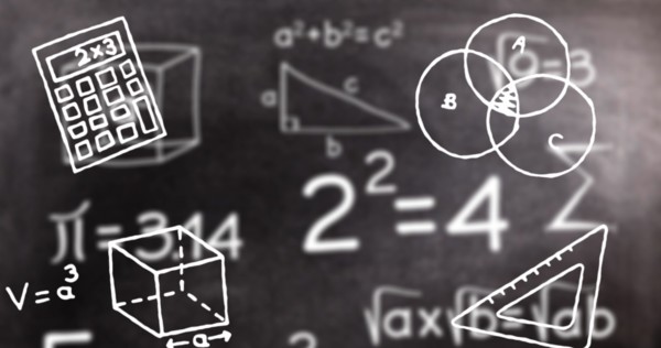Image of mathematics concept icons over mathematical equations on black chalkboard background