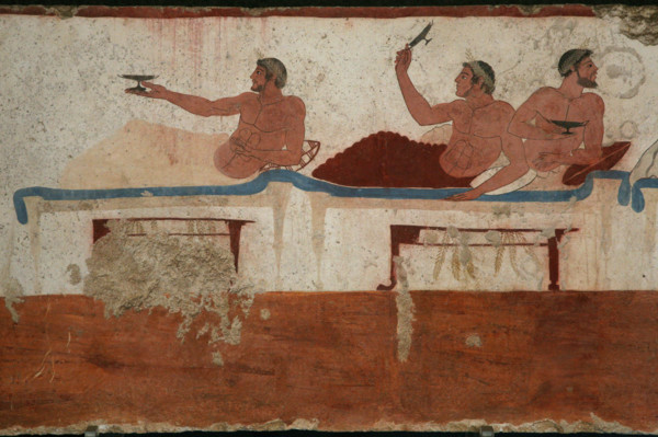 Ancient symposium. Fresco from the Tomb of the Diver in the Archaeological museum in Paestum, Italy.