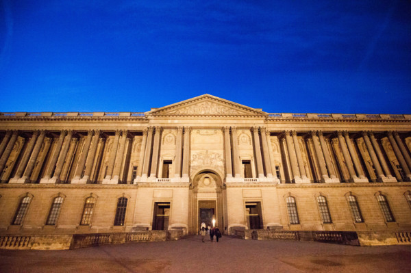 The Claude Perrault’s Colonnade in Paris by night, France. It is the easternmost façade of the famous Palais du Louvre.