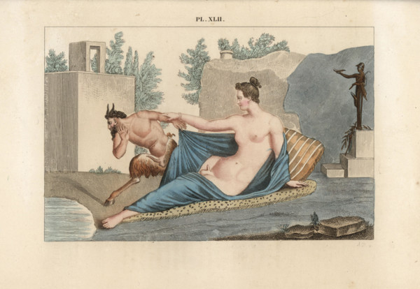 Fresco from Pompeii: a lascivious satyr gets a shock when he peeps at a sleeping beauty and discovers her a hermaphrodite. In the background is a statue of Hermes in petasus (sun hat), with drinking h...