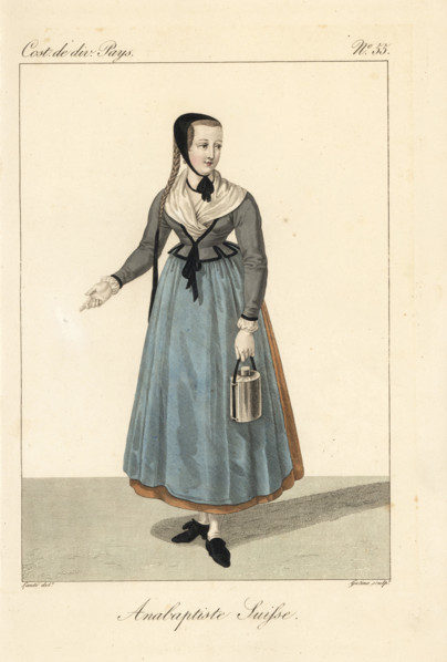 Anabaptist milkmaid of the Canton of Basel, Switzerland, 19th century. She carries a pail of milk and wears a simple cornette cap, braided hair tied with a ribbon.