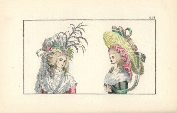 Bonnet a l'Iphigenie, a pouf in white gauze with flowers inspired by the 1779 opera by Gluck, and chapeau a la Colette, straw hat decorated with ribbons. Handcoloured lithograph from Fashions and Cust...