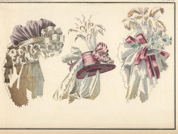 Fashionable hats of 1788. Demi-bonnet in violet gauze with white frills, hat in pink taffeta with ribbons, gauze and feathers, and a pouf in Italian gauze with ribbons and plumes. Handcoloured lithogr...