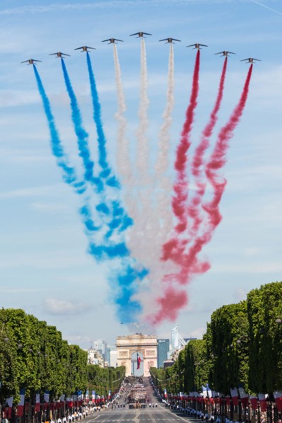 A snapshot from the French National Day parade, held on July 14, 2017. The parade is one of the country's most significant national celebrations, showcasing military strength, patriotism, and national...