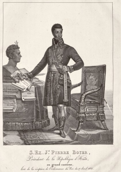 His Excellency Jean Pierre Boyer, President of the Republic of Haiti, in full costume, during the reception of the King's ordinance of April 17, 1825
