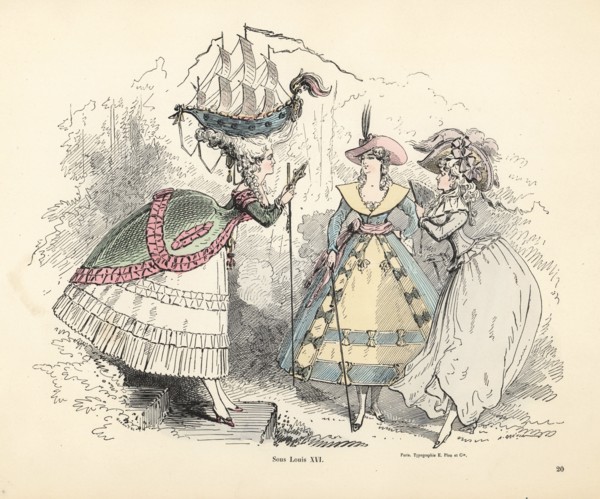 Women’s fashions in the era of King Louis XVI of France, 1774-1792. She wears a redingote and short hooped skirt, while her pouf headdress includes a French battleship like the one worn by Marie Antoi...