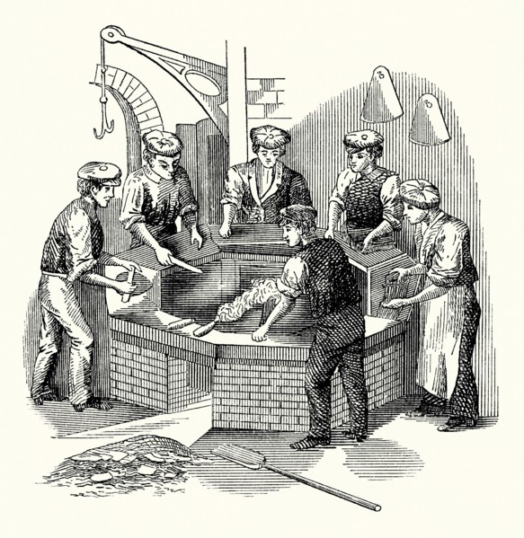 An old engraving showing men working at a hatmaker’s battery used in the production of felt hats. It is from a Victorian mechanical engineering book of the 1880s. The battery is a boiler or kettle con...