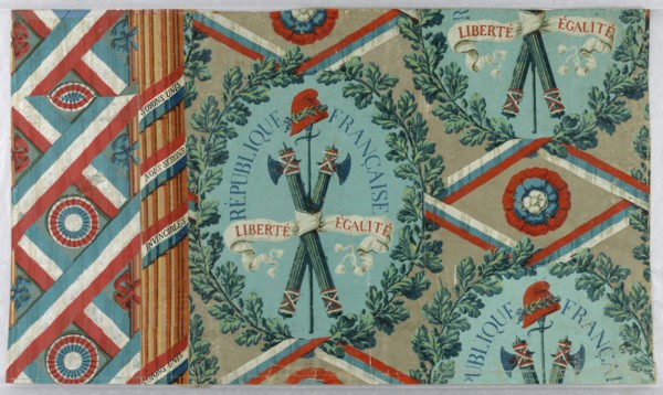 République Française Liberté Égalité, Block printed on handmade paper, Wallpaper designed for the French Revolution, illustrated with oak leaf wreath enclosing crossed fasces, sword & Phrygian cap. Tr...