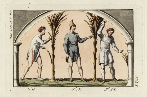 Anglo-Saxon labourer and farmers. Laborer (or slave) in simple open tunica without a belt (16), a farmer (or free man) in tunica and Phrygian hat (17) and a high-rank farmer in knee-length tunica and ...