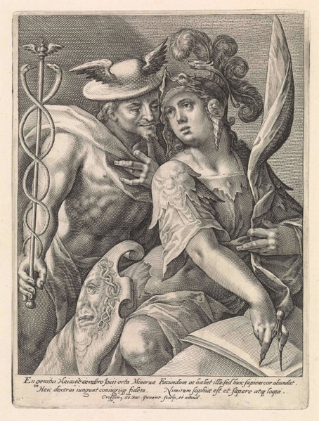 Mercury and Minerva; Gods and goddesses as loved ones. Mercury and Minerva as loved ones. Mercury wears his winged helmet the petasus. He holds the caduceus in his hand. He declares his love to Minerv...