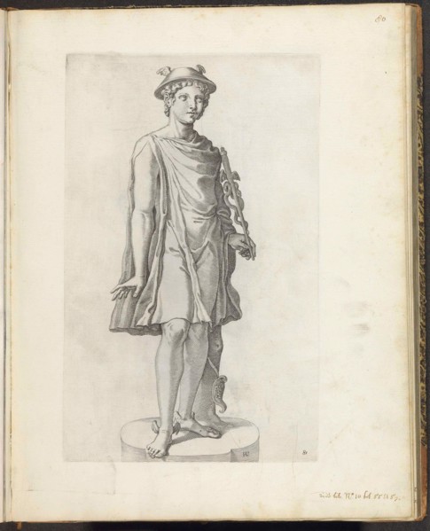Statue of Mercury; Galleria Giustiniana del Marchese Vincenzo Giustiniani I. Statue of Mercury with petasus on the head and caduceus in hand. The coat of arms of Vincenzo Giustiniani is hanging on the...